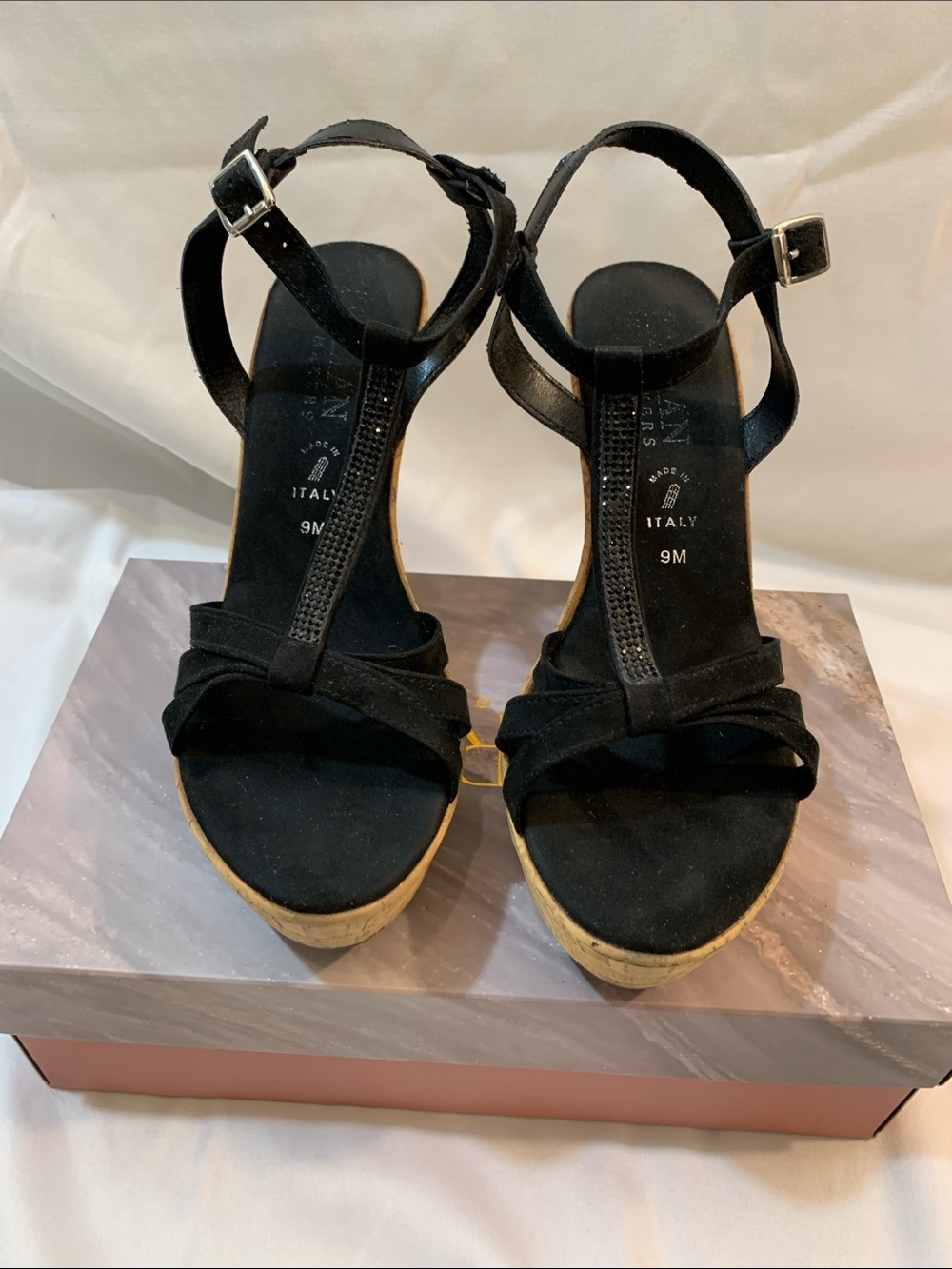 Italian Shoemakers Black Suede T-Strap Ankle Buckle Wedges